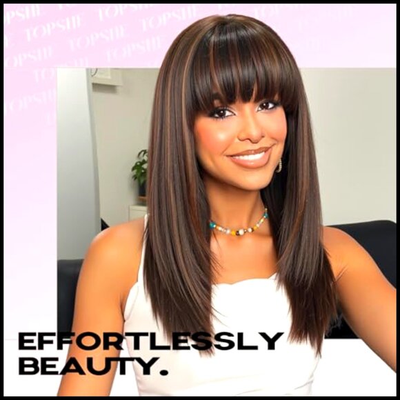 Heat Resistant Synthetic Wig with Bangs Layered Straight Shoulder Length Hair main image 5